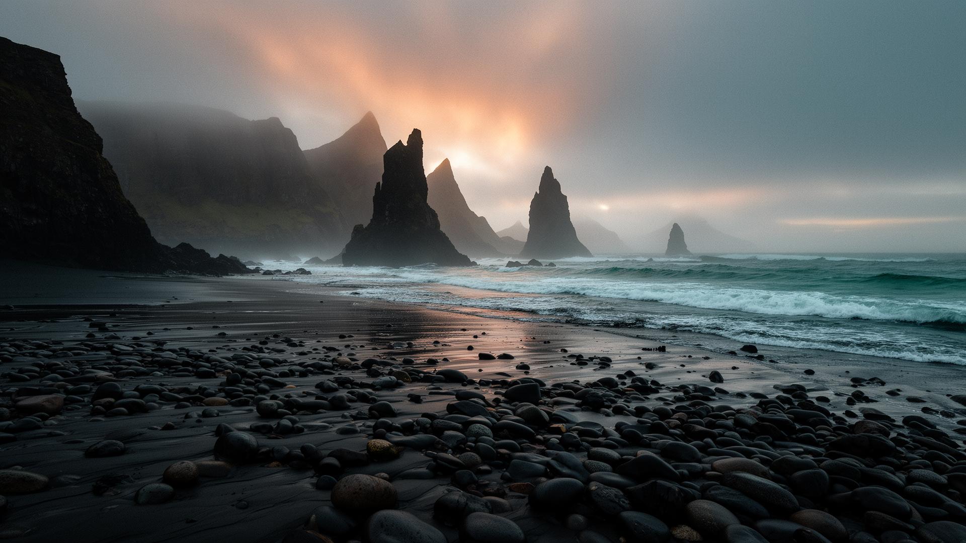 Misty sea stacks and pebbled black sand on the Isle of Skye at dawn